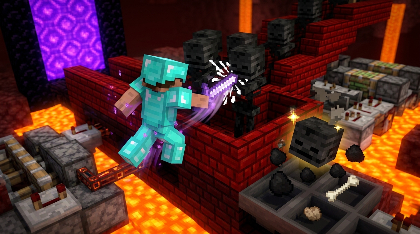 How To Build An Efficient Wither Skeleton Farm For Infinite Beacons Maximizing Skull Drops With Looting III Swords