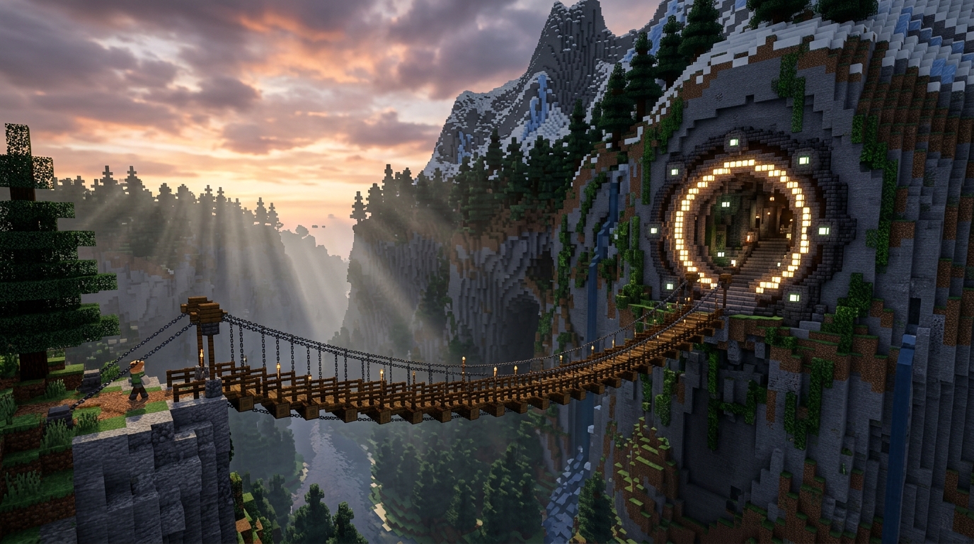 Stunning Mountain Base Entrance Ideas For Your Next Minecraft Build Hanging Bridges And Suspended Walkway Portals