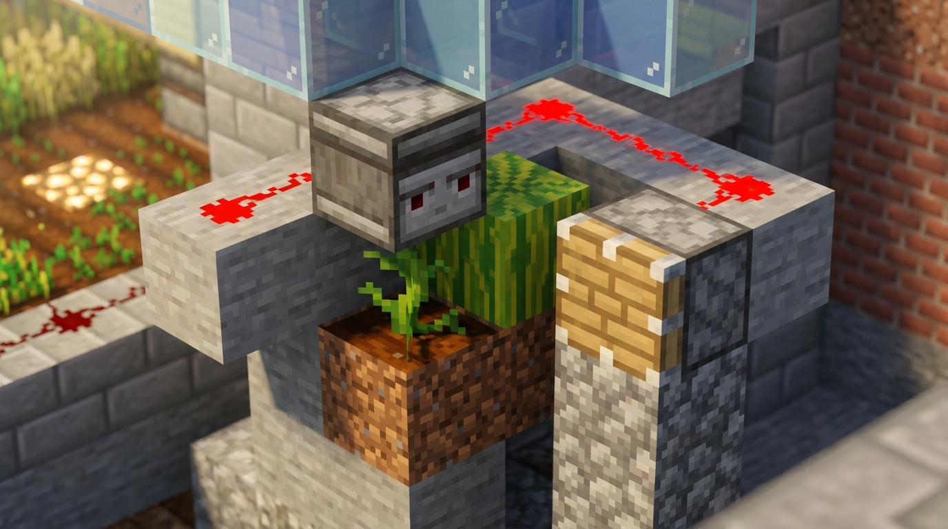 How To Build A High Efficiency Automatic Melon Farm In Bedrock Edition Step By Step Observer And Piston Placement Logic