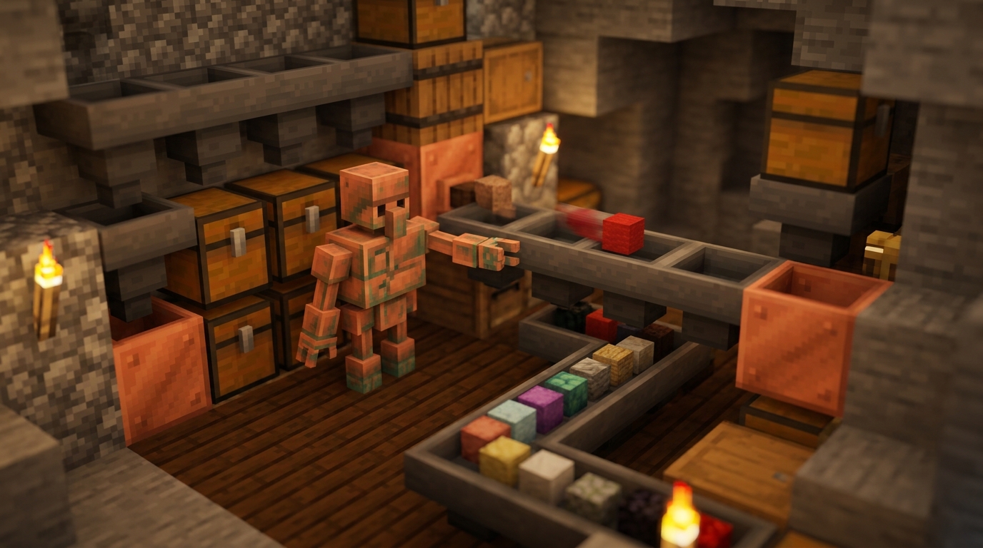 Copper Golem Guide: Build, Use, Oxidize, and Organize Storage Copper Golem Item Sorting