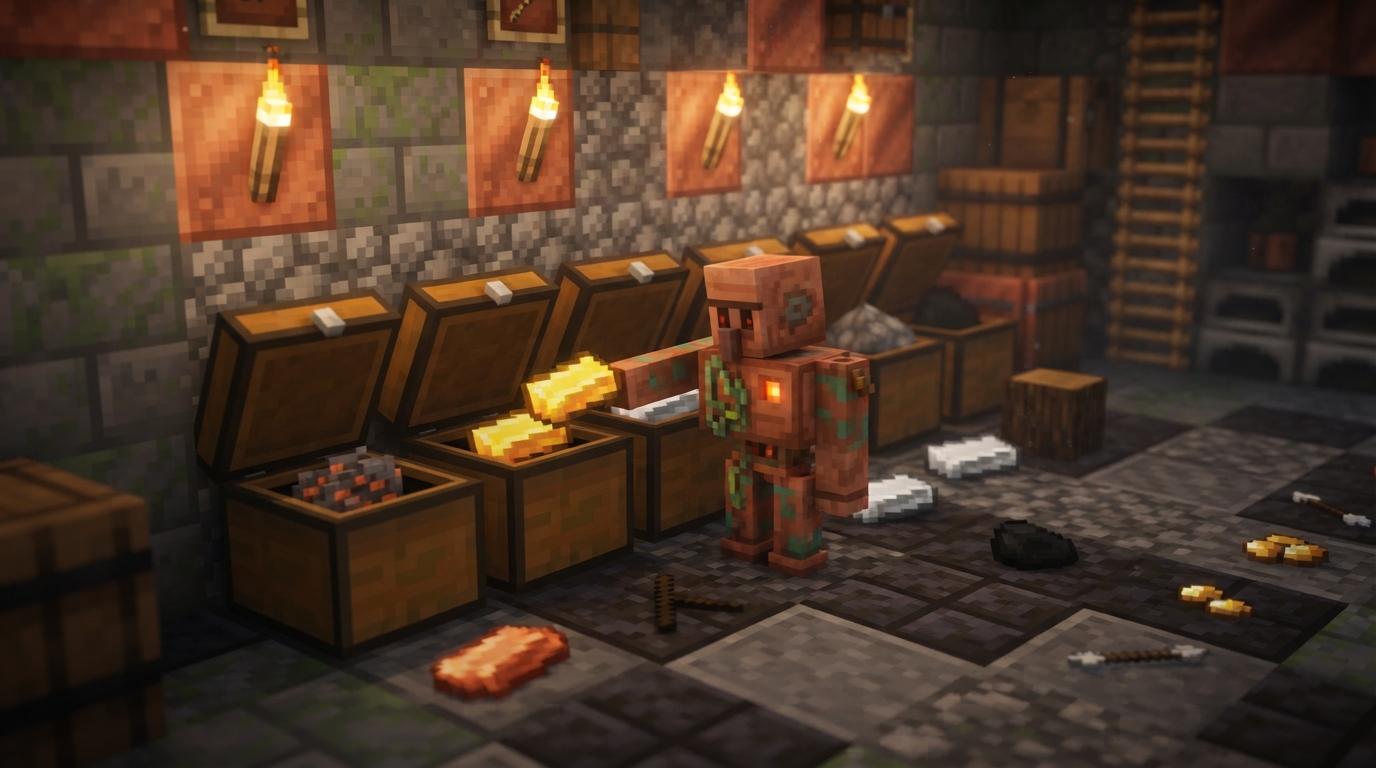 Copper Golem Sorting In Minecraft: Build Simple Chest Storage Arrange Nearby Chests By Item