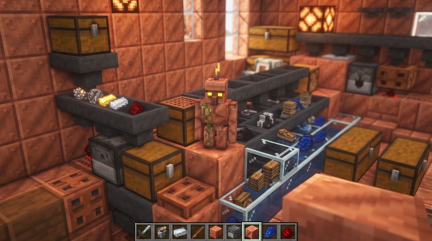 Copper Golem Sorting In Minecraft: Build Simple Chest Storage Build A Copper Golem Sorter